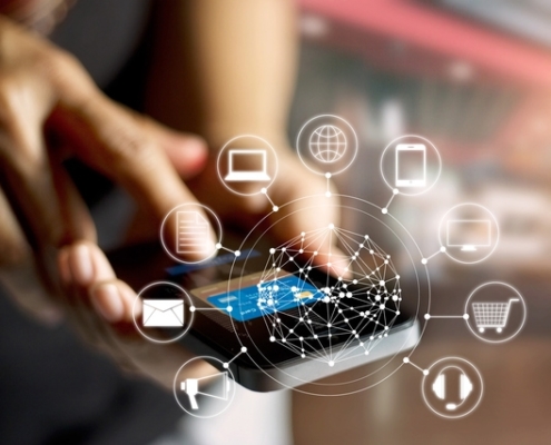 Man using mobile payments online shopping and icon customer network